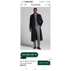 Jos. A. Bank Traditional Fit Long Topcoat Black Men's Overcoat 44R